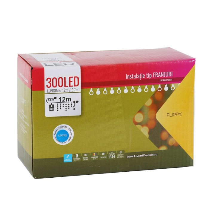 Instalatie de Craciun Flippy® Tip Franjuri, 12 m, 300 LED-uri, Interconectabila, Albastru [6]