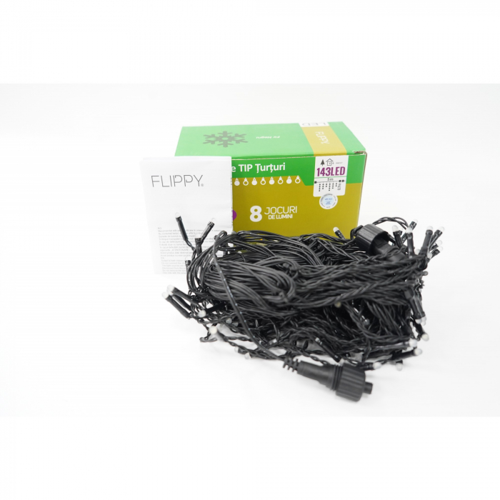 Instalatie de Craciun Flippy® Tip Franjuri, 8 jocuri de lumini, Sectiune 5 m, 143 LED-uri, Interconectabila, Fir Negru, Alb Rece [5]