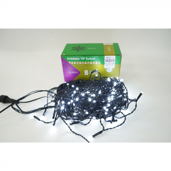 Instalatie de Craciun Flippy® Tip Franjuri, 8 jocuri de lumini, Sectiune 5 m, 143 LED-uri, Interconectabila, Fir Negru, Alb Rece [6]