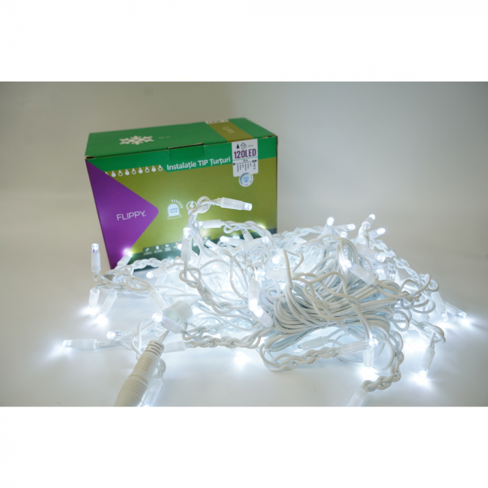 Instalatie de Craciun Flippy® Tip Franjuri cu Flash, IP65, Sectiune 5 m, 120 LED-uri, Interconectabila, Fir Alb, Alb Rece, Atentie! Nu contine Alimentator [1]