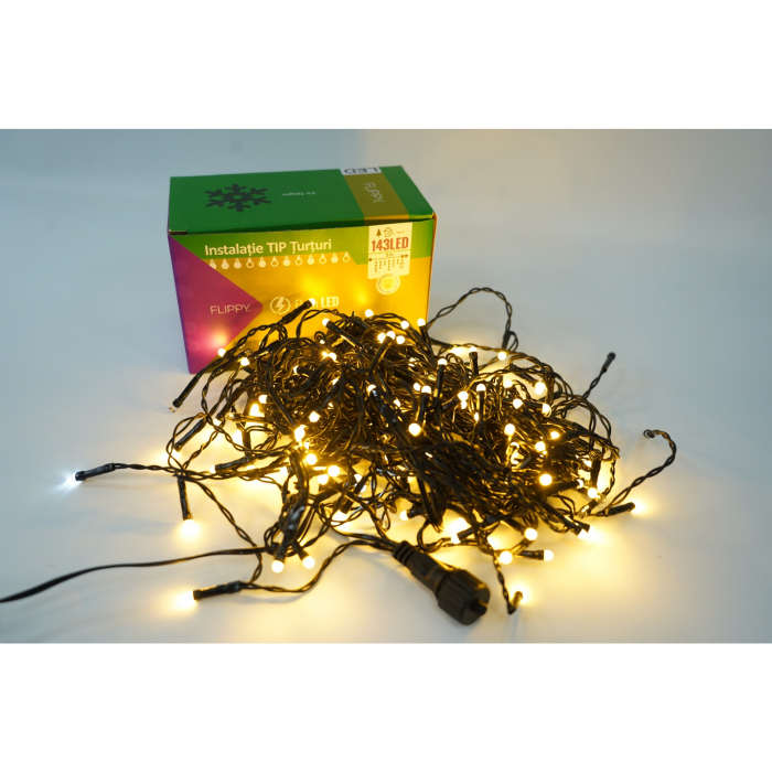 Instalatie de Craciun Flippy® Tip Franjuri cu Flash, Sectiune 5 m, 143 LED-uri, Interconectabila, Fir Negru, Alb Cald [1]
