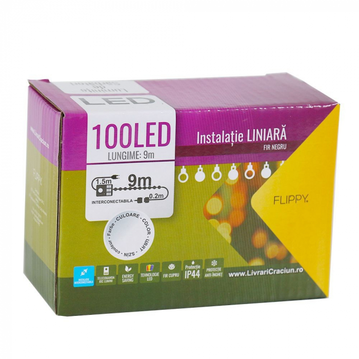 Instalatie de Craciun, Flippy®, Tip Liniara, Fir Negru, 9 m, 100 LED-uri, Interconectabila, Alb Cald [5]