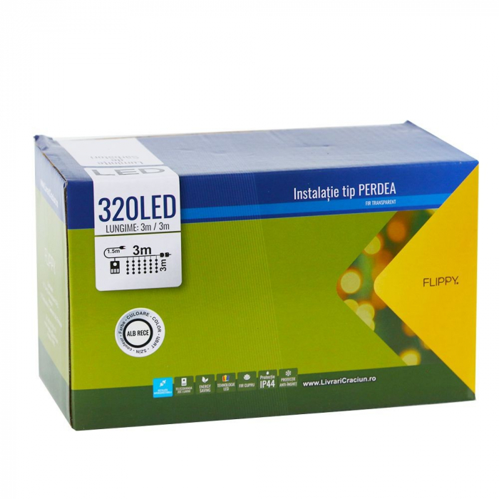 Instalatie de Craciun Flippy® Tip Perdea, 3 x 3 m, 320 LED-uri, Interconectabila, Alb Rece [5]