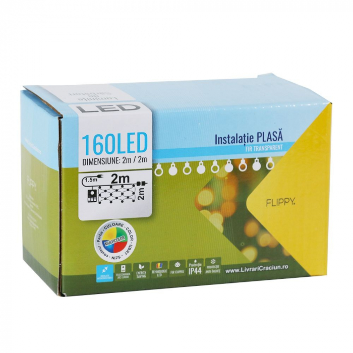 Instalatie de Craciun, Flippy®, Tip Plasa, 2 x 2 m, 160 LED-uri, Interconectabila, Multicolor [5]