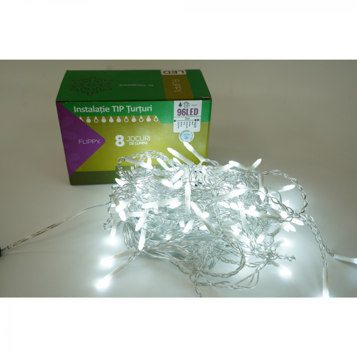 Instalatie de Craciun Flippy® Tip Turturi, 8 jocuri de lumini Sectiune 3 m, 96 LED-uri, Interconectabila, Fir Transparent, Alb Rece [1]