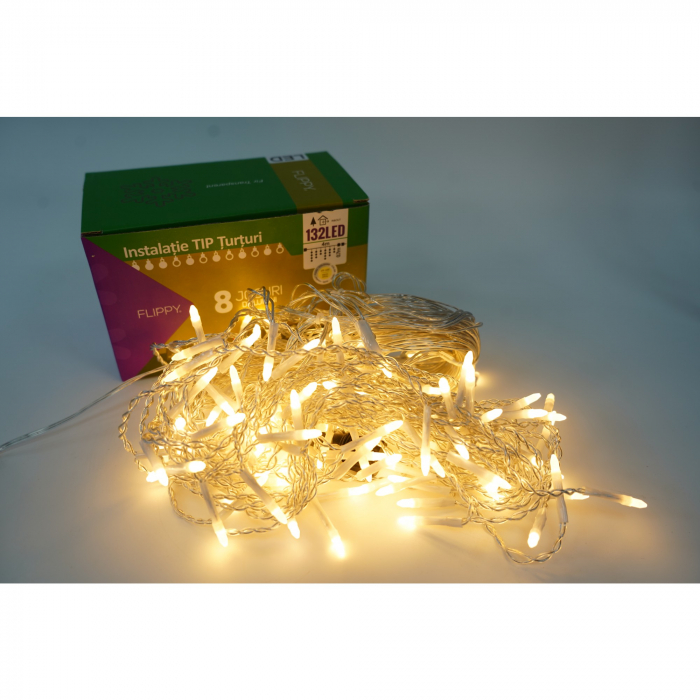 Instalatie de Craciun Flippy® Tip Turturi, 8 jocuri de lumini Sectiune 4 m, 132 LED-uri, Interconectabila, Fir Transparent, Alb Cald [1]