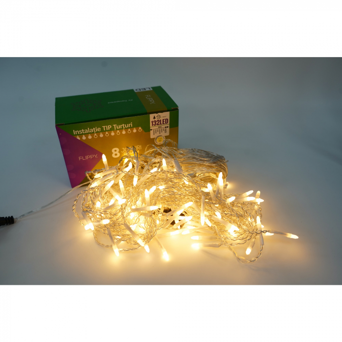 Instalatie de Craciun Flippy® Tip Turturi, 8 jocuri de lumini Sectiune 4 m, 132 LED-uri, Interconectabila, Fir Transparent, Alb Cald [6]