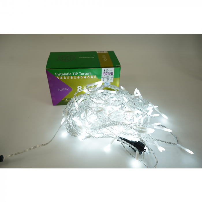 Instalatie de Craciun Flippy® Tip Turturi, 8 jocuri de lumini Sectiune 4 m, 132 LED-uri, Interconectabila, Fir Transparent, Alb Rece [1]