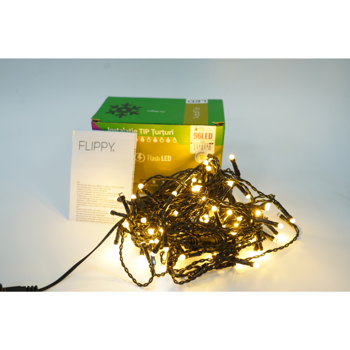 Instalatie de Craciun Flippy® Tip Turturi, Franjuri cu Flash, Sectiune 3 m, 96 LED-uri, Interconectabila, Fir Negru, Alb Cald [2]
