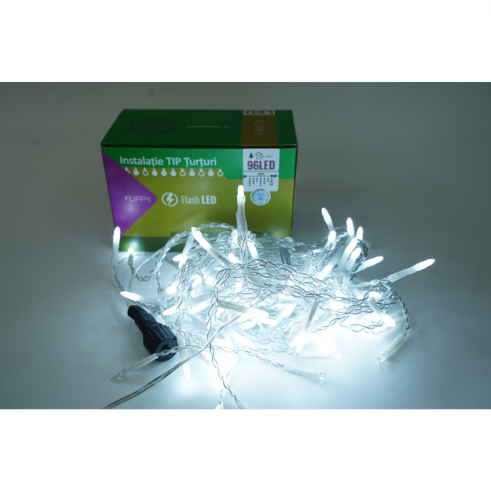 Instalatie de Craciun Flippy® Tip Turturi, Franjuri cu Flash, Sectiune 3 m, 96 LED-uri, Interconectabila, Fir Transparent, Alb Rece [1]