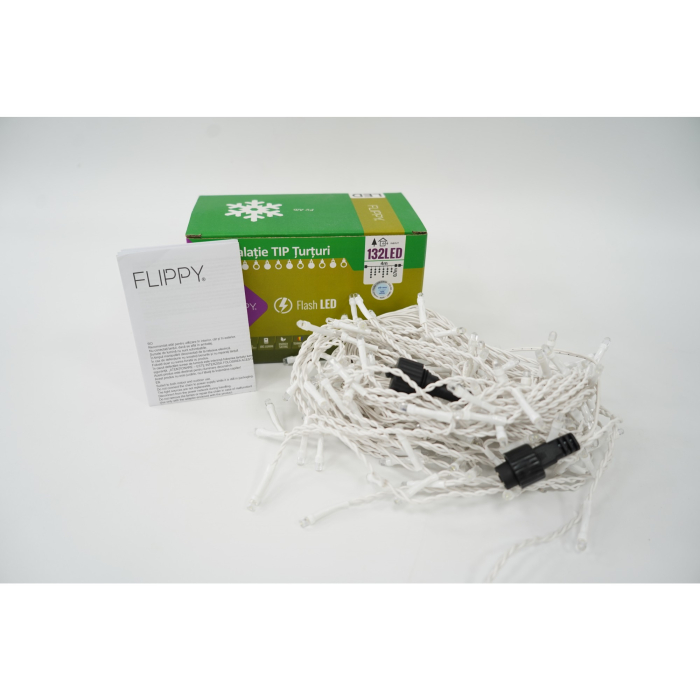 Instalatie de Craciun Flippy® Tip Turturi, Franjuri cu Flash, Sectiune 4 m, 132 LED-uri, Interconectabila, Fir Alb, Alb Rece [2]