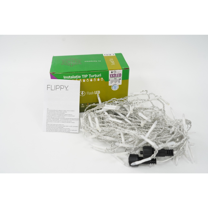 Instalatie de Craciun Flippy® Tip Turturi, Franjuri cu Flash, Sectiune 4 m, 132 LED-uri, Interconectabila, Fir Transparent, Alb Rece [2]