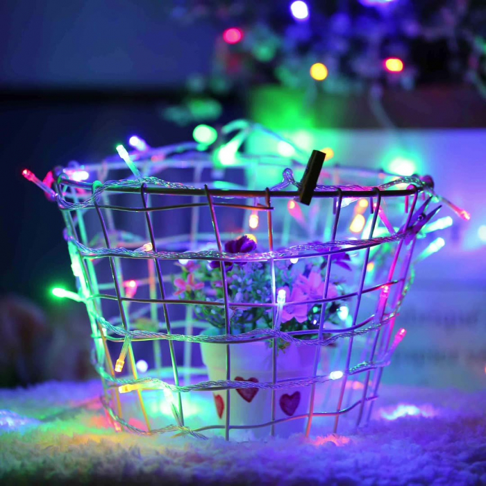 Instalatie de Craciun, Liniara, 1 m, Baterii, 10 LED-uri, Multicolor, 2 Jocuri de Lumini, Fir Transparent, Interior/Exterior, Flippy [1]