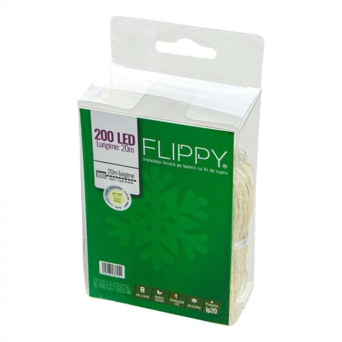 Instalatie de Craciun, Liniara, 20 m, Baterii, 200 LED-uri, Alb Cald, Fir Cupru, 2 Jocuri de Lumini, Interior/Exterior Flippy [6]