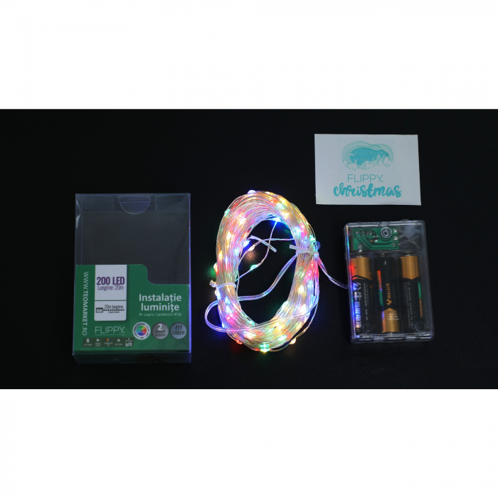 Instalatie de Craciun, Liniara, 20 m, Baterii, 200 LED-uri, Multicolor, 2 Jocuri de Lumini, Fir Cupru, Interior/Exterior, Flippy [9]