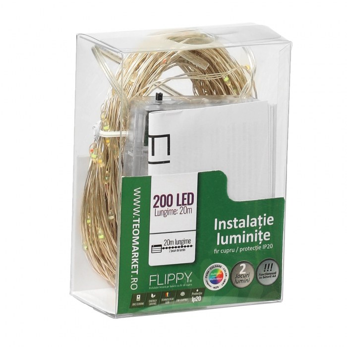 Instalatie de Craciun, Liniara, 20 m, Baterii, 200 LED-uri, Multicolor, 2 Jocuri de Lumini, Fir Cupru, Interior/Exterior, Flippy [6]
