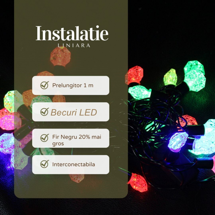 Instalatie de Craciun Liniara RGRB Yoto, 10 m, din care 1 m Prelungitor 220V, 40 LED, Model Anise, Utilizare Interior/Exterior, Interconectabila, Fir Negru, multicolor [6]