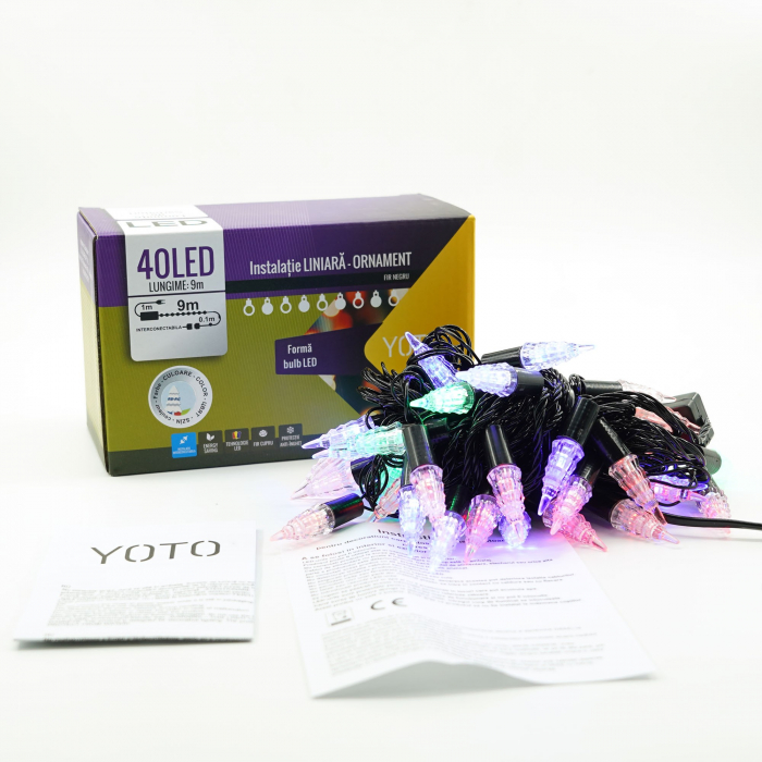 Instalatie de Craciun Liniara RGRB Yoto, 10 m, din care 1 m Prelungitor 220V, 40 LED, Model Brazi, Utilizare Interior/Exterior, Interconectabila, Fir Negru, multicolor [4]