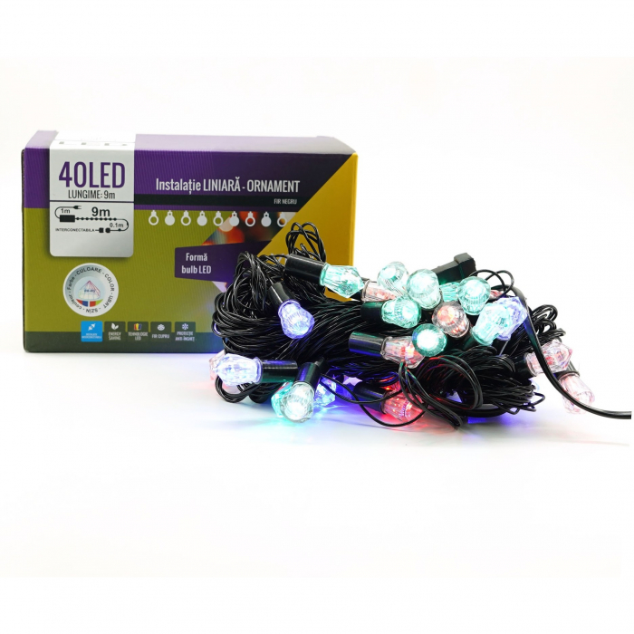 Instalatie de Craciun Liniara RGRB Yoto, 10 m, din care 1 m Prelungitor 220V, 40 LED, Model Diamante, Utilizare Interior/Exterior, Interconectabila, Fir Negru, multicolor [2]