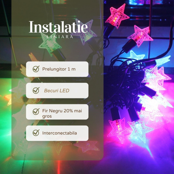 Instalatie de Craciun Liniara RGRB Yoto, 10 m, din care 1 m Prelungitor 220V, 40 LED, Model Stelute, Utilizare Interior/Exterior, Interconectabila, Fir Negru, multicolor [2]