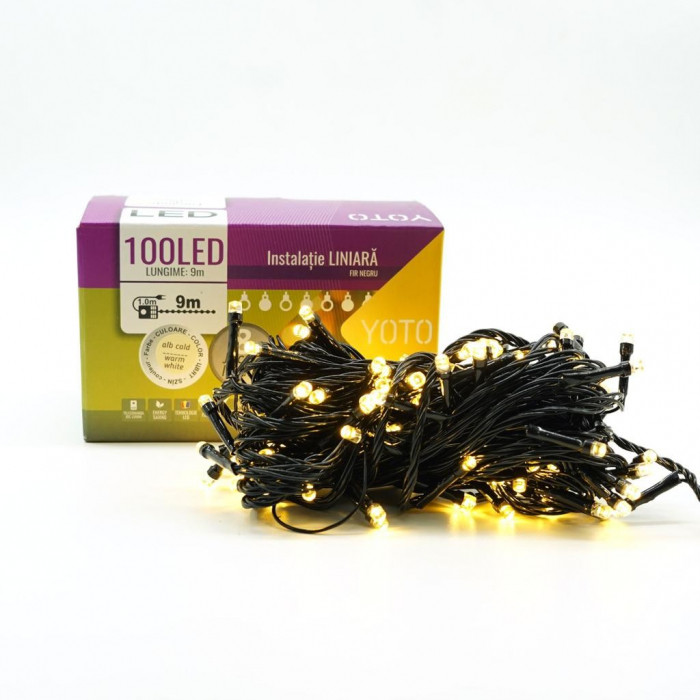 Instalatie de Craciun liniara Yoto, 10 m, din care 1 m cablu priza 220V, 100 LED, 8 jocuri de lumini, controler, fir negru, alb cald [3]