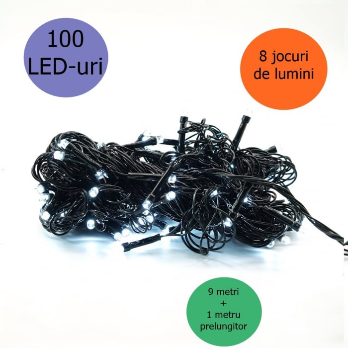 Instalatie de Craciun liniara Yoto, 10 m, din care 1 m cablu priza 220V, 100 LED, 8 jocuri de lumini, controler, fir negru, alb rece [2]