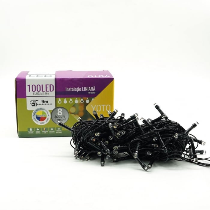 Instalatie de Craciun liniara Yoto, 10 m, din care 1 m cablu priza 220V, 100 LED, 8 jocuri de lumini, controler, fir negru, multicolor [3]