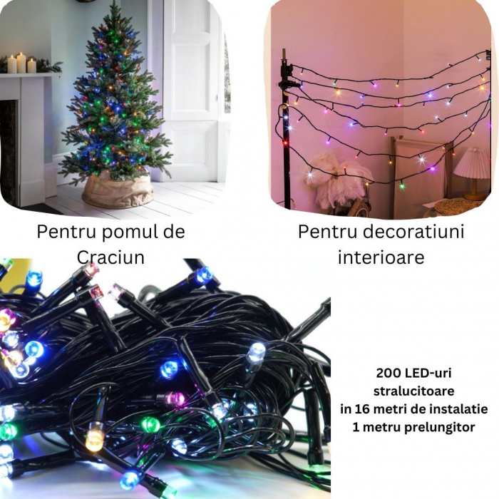 Instalatie de Craciun liniara Yoto, 17 m, din care 1 m cablu priza 220V, 200 LED, 8 jocuri de lumini, controler, fir negru, multicolor [3]