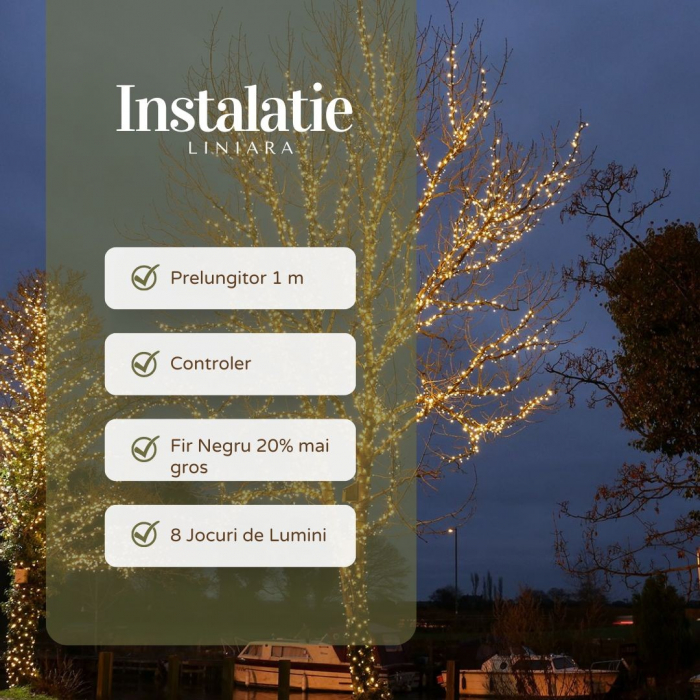 Instalatie de Craciun Liniara Yoto, 22 m, din care 1 m Prelungitor 220V, 300 LED, 8 jocuri de lumini, Controler, Utilizare Interior/Exterior, Fir Negru, Alb Cald [2]