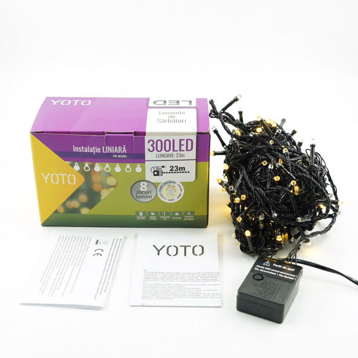 Instalatie de Craciun liniara Yoto, 24 m, din care 1 m cablu priza 220V, 300 LED, 8 jocuri de lumini, beculet in 6 colturi, pentru interior, controler, fir negru, alb cald [7]