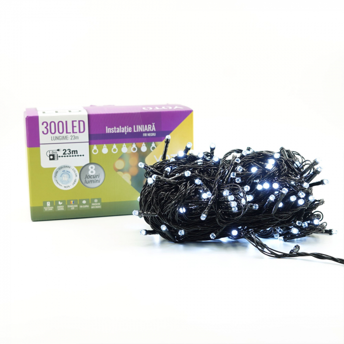 Instalatie de Craciun liniara Yoto, 24 m, din care 1 m cablu priza 220V, 300 LED, 8 jocuri de lumini, beculet in 6 colturi, pentru interior, controler, fir negru, alb rece [7]