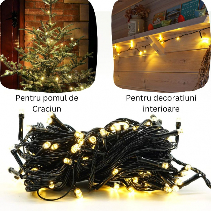 Instalatie de Craciun liniara Yoto, 24 m, din care 1 m cablu priza 220V, 300 LED, 8 jocuri de lumini, controler, fir negru, alb cald [5]