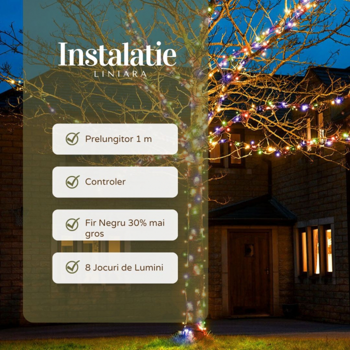 * LICHIDARE STOC * Instalatie de Craciun Liniara Yoto, 50 m, 1 m Prelungitor 220V, 498 LED, 8 Jocuri de Lumini, Controler, Fir Negru, Utilizare Interior/Exterior, Protectie anti-inghet, Fir Cupru, Mul [9]
