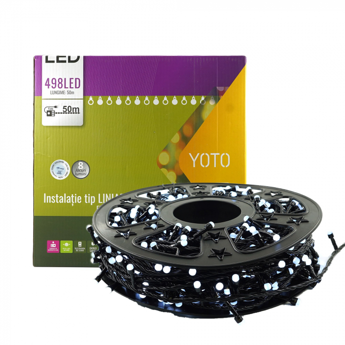 Instalatie de Craciun Liniara Yoto, 50 m, 1 m Prelungitor 220V, 498 LED, 8 Jocuri de Lumini, Controler, Fir Negru, Utilizare Interior/Exterior, Protectie anti-inghet, Fir Cupru, Alb Rece [8]