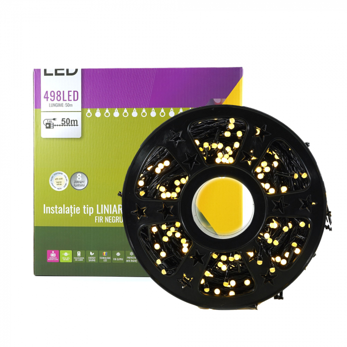 Instalatie de Craciun Liniara Yoto, 50 m, 1 m Prelungitor 220V, 498 LED, 8 Jocuri de Lumini, Controler, Fir Negru, Utilizare Interior/Exterior, Protectie anti-inghet, Fir Cupru, Alb Cald [7]
