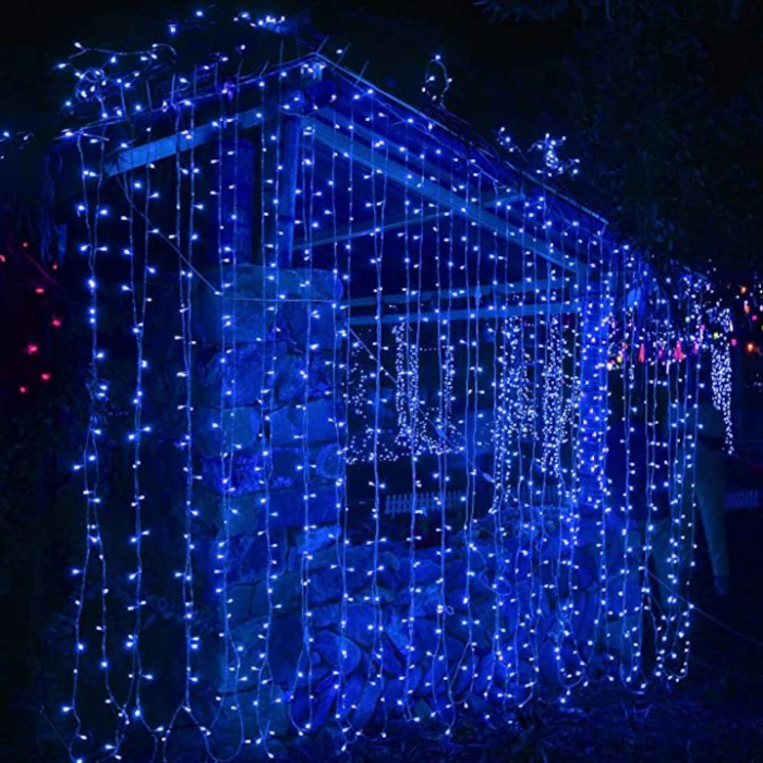 Instalatie exterioara tip perdea curgatoare V8 - albastru, interconectabila, 240 led, 3 x 3 m, fir alb [1]