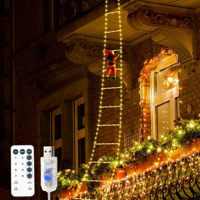 Instalatie LED de Craciun, Flippy, cu Accesorii, Lumina Calda, Lungime 3 m, 16 Trepte, 288 de Luminite, 8 Moduri, Model Mos Craciun pe Scara, Alb cald [6]