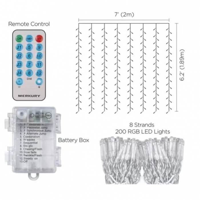 Instalatie Liniara tip Perdea 2 x 2 M, 200 LED-uri cu Baterii, Telecomanda cu 8 Jocuri de Lumini, 12.5, Multicolor [1]