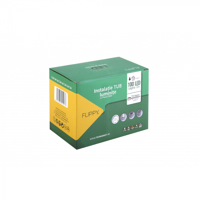 Instalatie luminoasa de Craciun cu LED, 100 LED-uri tip Tub, 12 metri lungime, 8 programe, 2 metri prelungitor, incarcare solara, alb cald, Flippy [1]