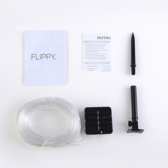 Instalatie luminoasa de Craciun tip furtun luminos, 100 LED-uri, 12 metri lungime, 8 programe, 2 metri prelungitor, sarma din cupru, incarcare solara, alb rece, Flippy [10]