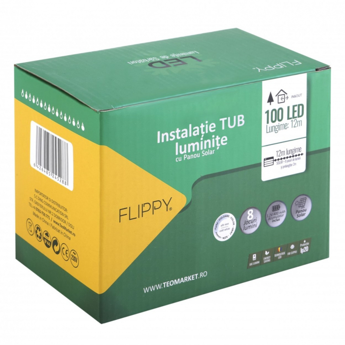 Instalatie luminoasa de Craciun tip furtun luminos, 100 LED-uri, 12 metri lungime, 8 programe, 2 metri prelungitor, sarma din cupru, incarcare solara, alb rece, Flippy [11]