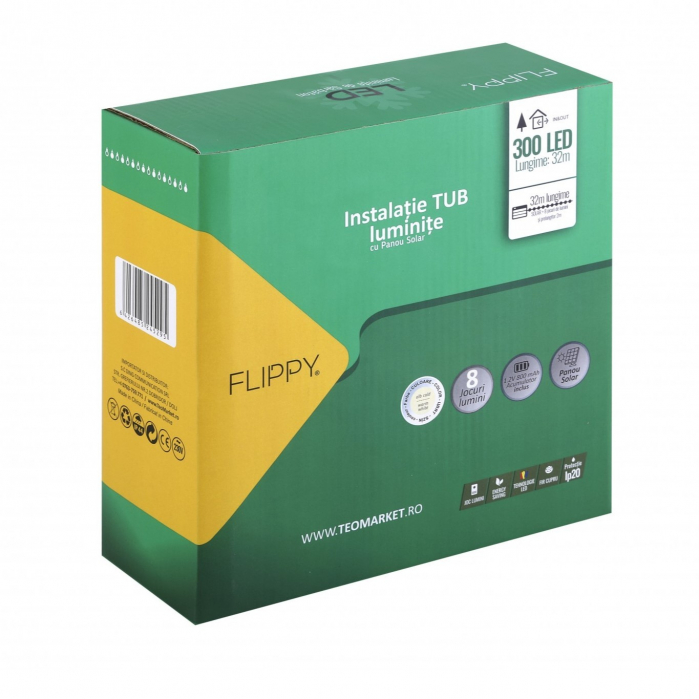 Instalatie luminoasa de Craciun tip furtun luminos, 300 LED-uri, 32 metri lungime, 8 programe, 2 metri prelungitor, sarma din cupru, incarcare solara, alb cald, Flippy [9]