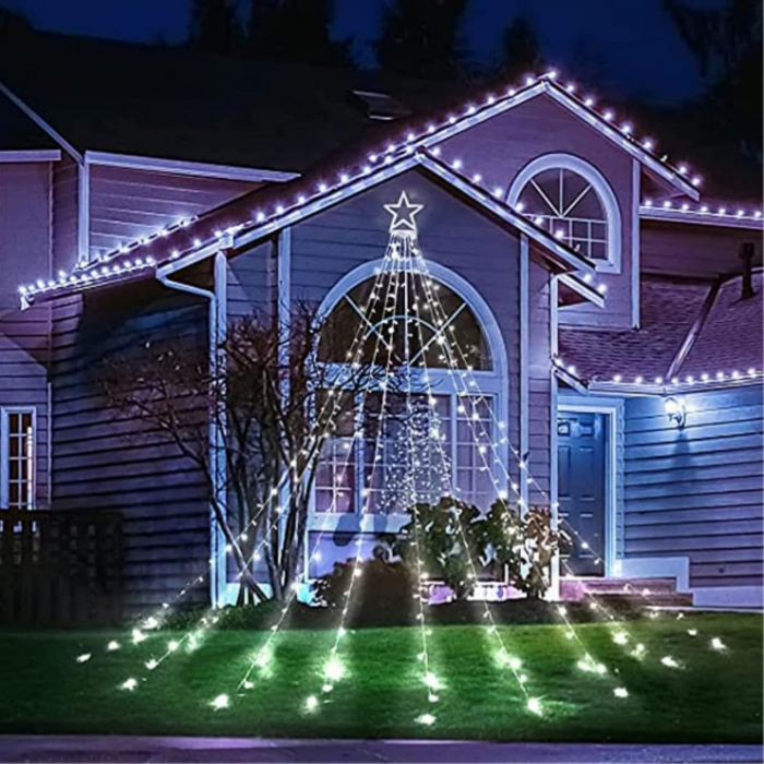 Instalatie Luminoasa Tip Perdea pentru Pomul de Craciun, cu Stea Luminoasa, 350 LED-uri, incarcare solara, pentru exterior, lumina rece, Tree Dazzler [3]