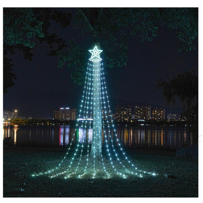 Instalatie Luminoasa Tip Perdea pentru Pomul de Craciun, cu Stea Luminoasa, 350 LED-uri, incarcare solara, pentru exterior, lumina rece, Tree Dazzler [2]