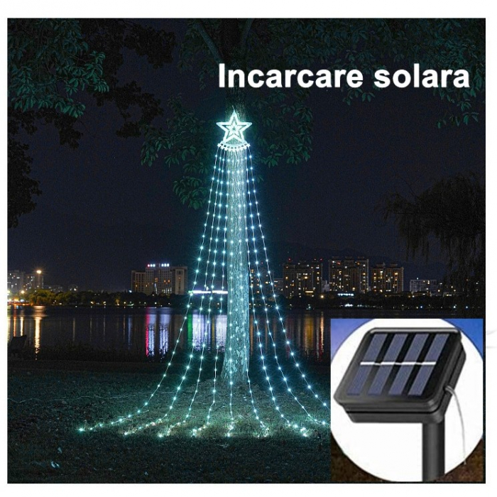 Instalatie Luminoasa Tip Perdea pentru Pomul de Craciun, cu Stea Luminoasa, 350 LED-uri, incarcare solara, pentru exterior, lumina rece, Tree Dazzler [5]