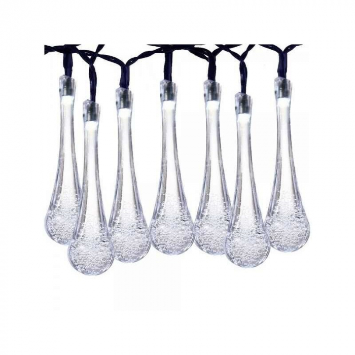 Lichidare de stoc Instalatie Solara 6 m, 28 Led-uri cu Ornament tip picatura de apa, Liniara, Fir negru, Alb Rece [3]