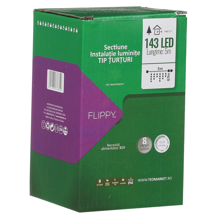 Instalatie Solara Craciun Turturi, IP44, 5 m, 143 Led-uri, Perdea Franjurata, alb rece, 8 jocuri de lumini, cu Telecomanda, 31V, 500 mAh, Acumulator de 2400 mAh, Exterior, Prelungitor 5 m inclus, Fir  [10]