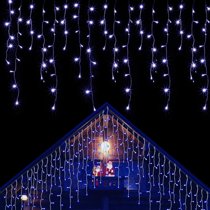 Instalatie Solara Craciun Turturi, IP44, 5 m, 143 Led-uri, Perdea Franjurata, Albastru, 8 jocuri de lumini, cu Telecomanda, 31V, 500 mAh, Acumulator de 2400 mAh, Exterior, Prelungitor 5 m inclus, Fir  [2]