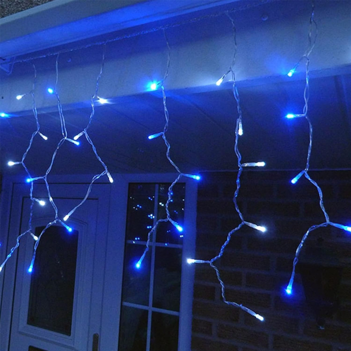 Instalatie Solara Craciun Turturi, IP44, 5 m, 143 Led-uri, Perdea Franjurata, Albastru, 8 jocuri de lumini, cu Telecomanda, 31V, 500 mAh, Acumulator de 2400 mAh, Exterior, Prelungitor 5 m inclus, Fir  [4]