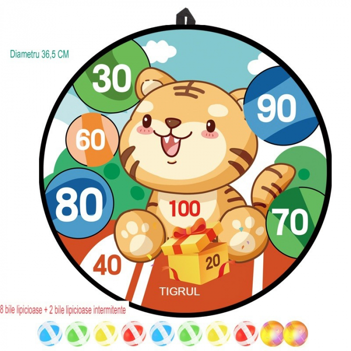 Joc Darts Flippy pentru Copii, Placa Pliabila 36.5 cm, 8 Mingii Velcro/Scai Simple, 2 Mingii Luminoase, Model Tigru, Portocaliu [3]